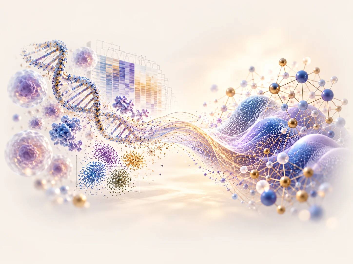 Conceptual illustration of biological gene-expression analysis and machine-learning representations converging through shared multivariate analysis.